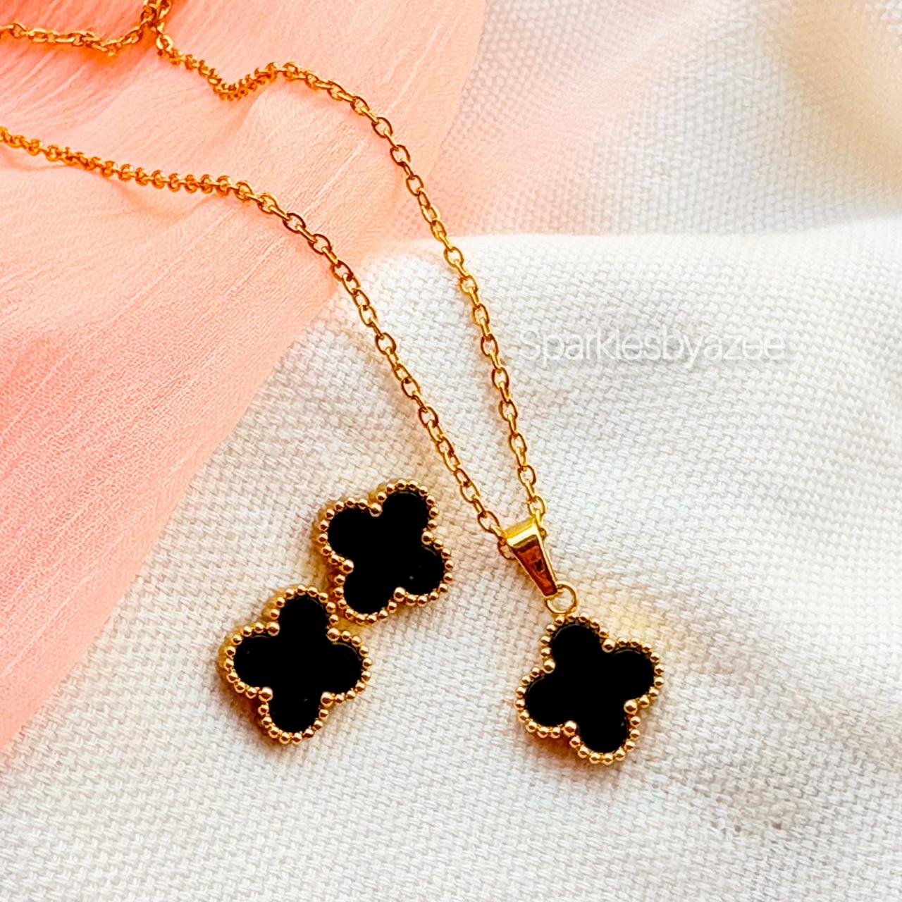 Double Sided Black Clover Set Necklace & Studs (18K Gold Plated)